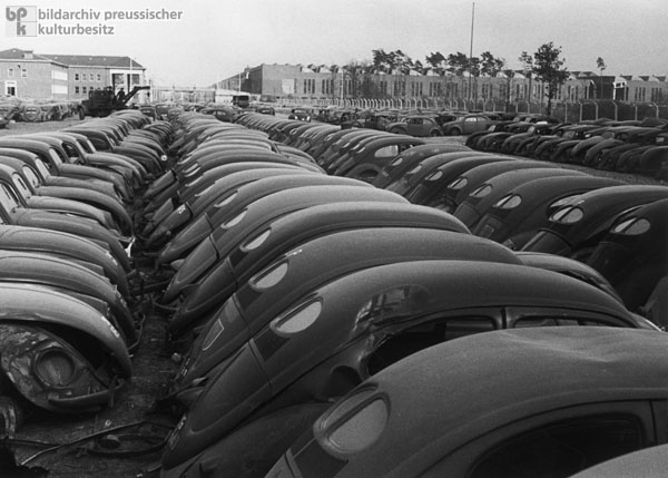 The Volkswagen Factory in the City of Wolfsburg: Scrap Yard for Damaged VW-Beetles (1947)